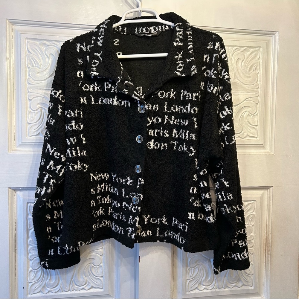 Vintage Supply & Demand Black and White Graphic Designer Plush Cropped Jacket